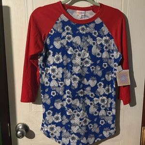 Lularoe Randy top for Women size XS blue and red strawberry print